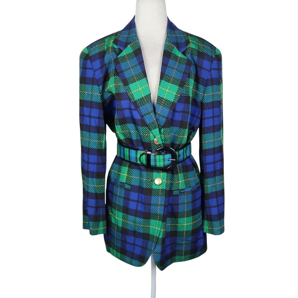 Vintage 80s/90s Adrienne Vittadini Blue and Green Plaid Silk Blazer Jacket 8
